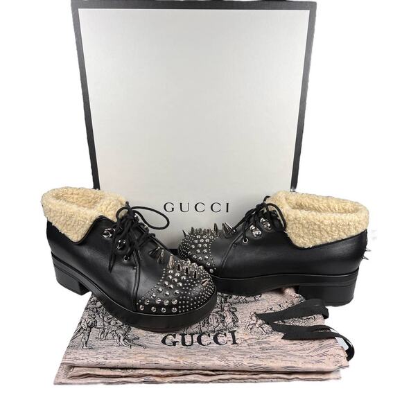 Gucci Harlem Black Leather Stud Shearling Combat Ankle Boots EU 36.5 US 6.5 - Picture 2 of 14